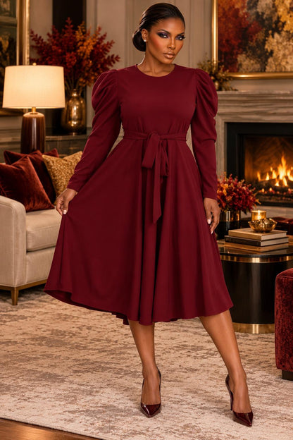 2959SO Smocked Cuff Raglan Sleeves Flare Midi Plated Dresses with Drawstring Waist