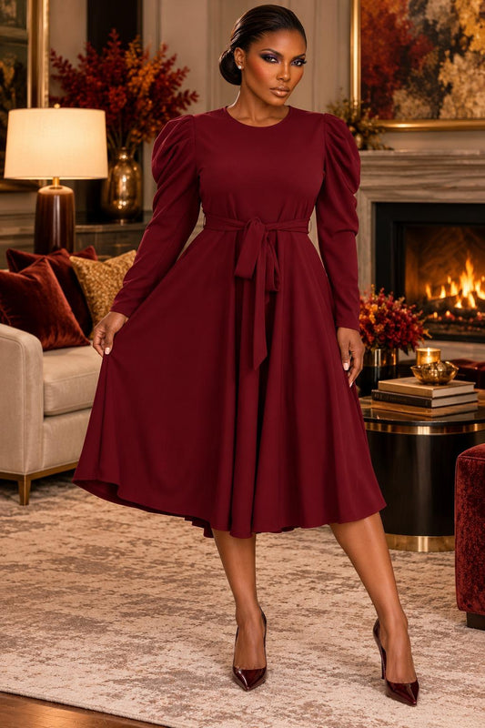 2959SO Smocked Cuff Raglan Sleeves Flare Midi Plated Dresses with Drawstring Waist