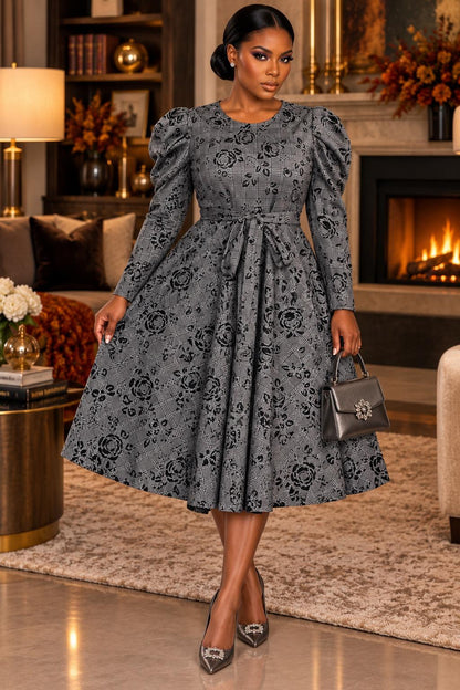 2959JQ  Jacquard Smocked Cuff Raglan Sleeves Flare Midi Plated Dress With Belt