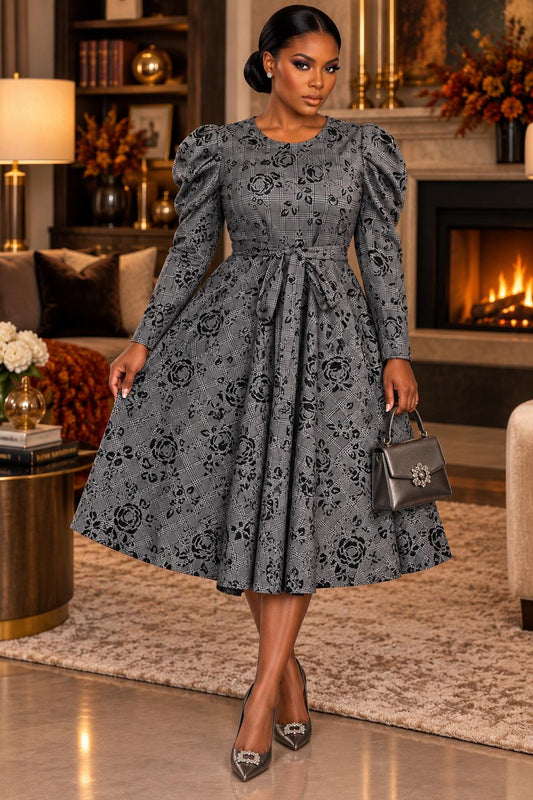 2959JQ  Jacquard Smocked Cuff Raglan Sleeves Flare Midi Plated Dress With Belt