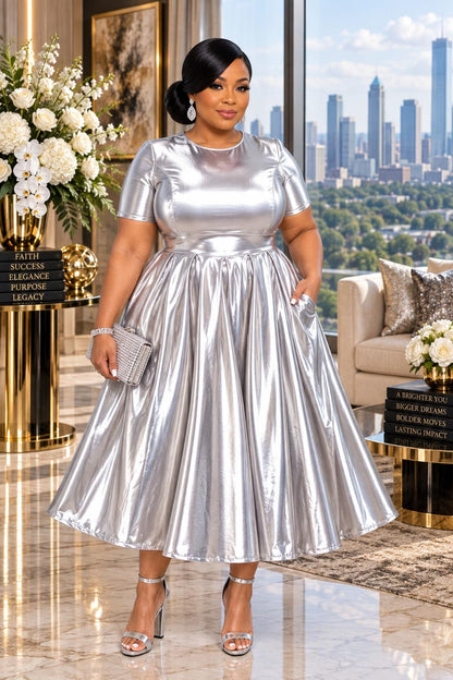 2962 Plus Size Women Vinyl Metallic Fit & Flare Midi Dress