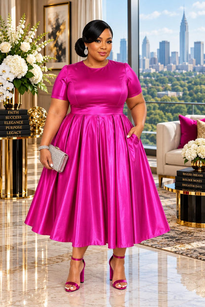 2962 Plus Size Women Vinyl Metallic Fit & Flare Midi Dress