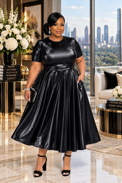 2962 Plus Size Women Vinyl Metallic Fit & Flare Midi Dress
