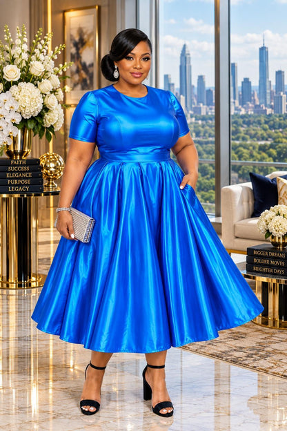 2962 Plus Size Women Vinyl Metallic Fit & Flare Midi Dress