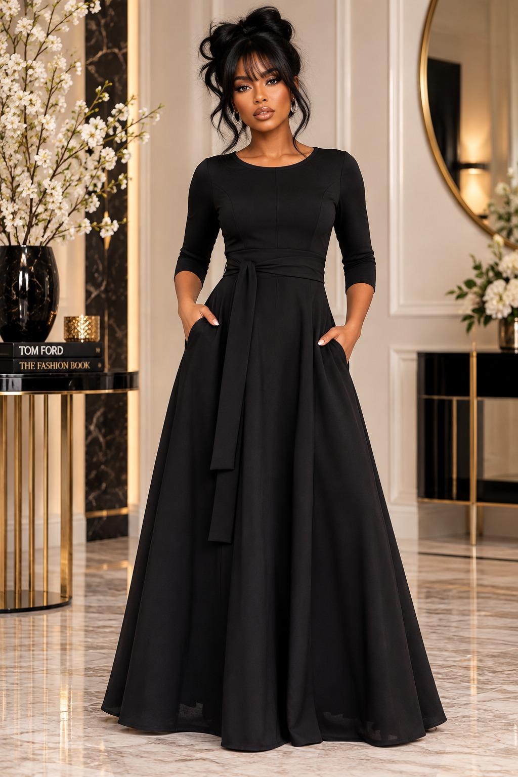2072 REG Women 3/4 Length Sleeve Effortless Fit & Flare Maxi Dress with Waist Tie Pockets (Copy)