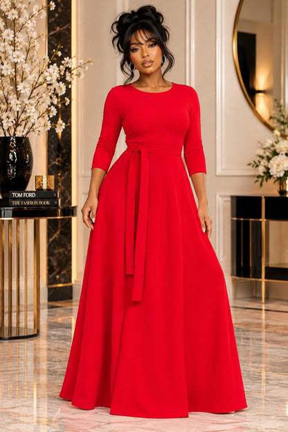 2072 REG Women 3/4 Length Sleeve Effortless Fit & Flare Maxi Dress with Waist Tie Pockets (Copy)