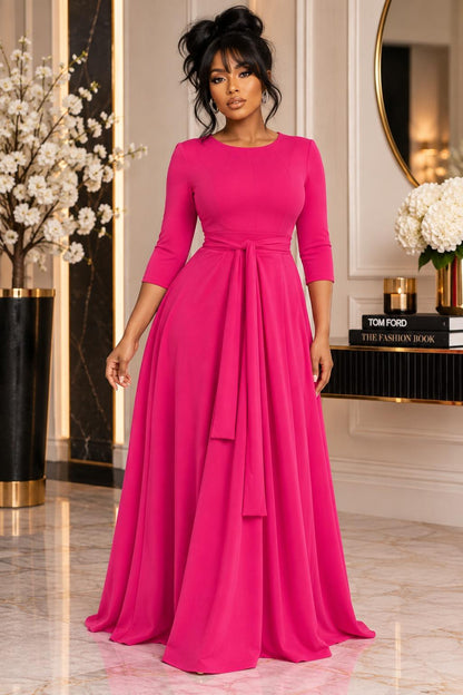 2072 REG Women 3/4 Length Sleeve Effortless Fit & Flare Maxi Dress with Waist Tie Pockets (Copy)