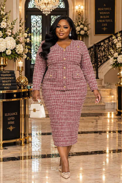 2954 Plus Size Boukleh Long Sleeves Blouse and Midi Skirt 2pcs set