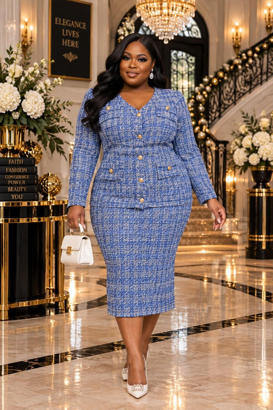 2954 Plus Size Boukleh Long Sleeves Blouse and Midi Skirt 2pcs set