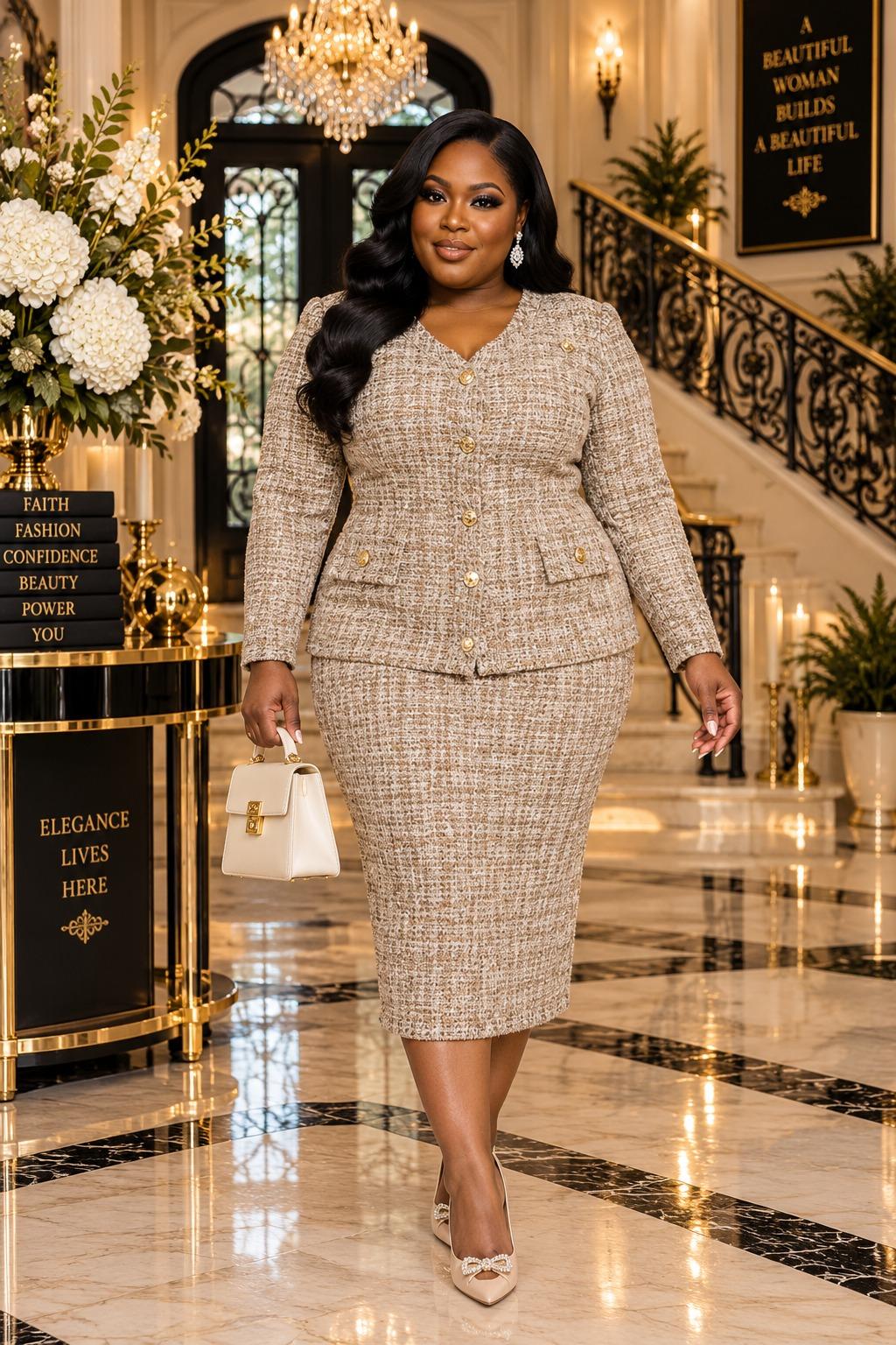 2954 Plus Size Boukleh Long Sleeves Blouse and Midi Skirt 2pcs set