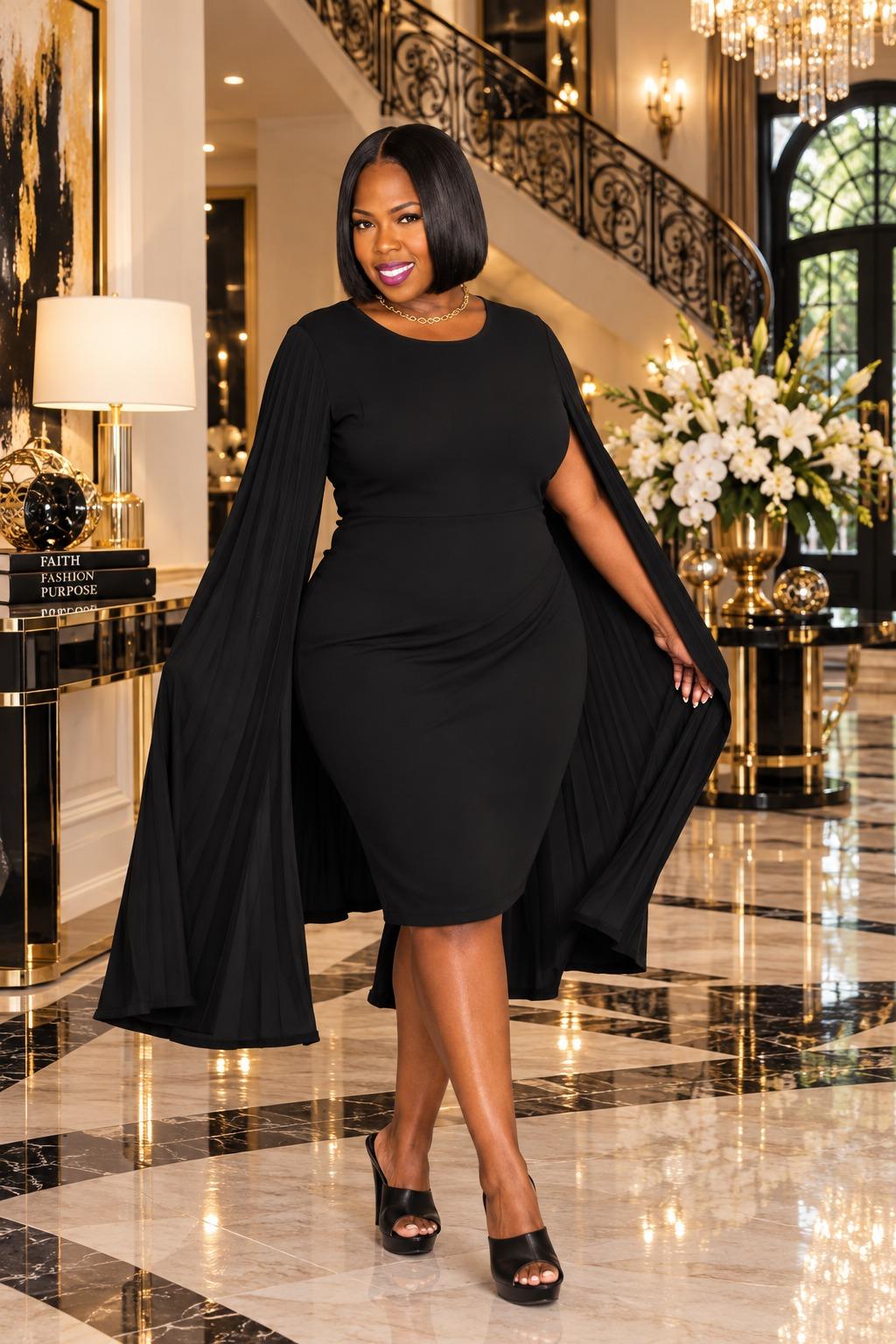 2839 Plus Size Pleated Cape Sleeve