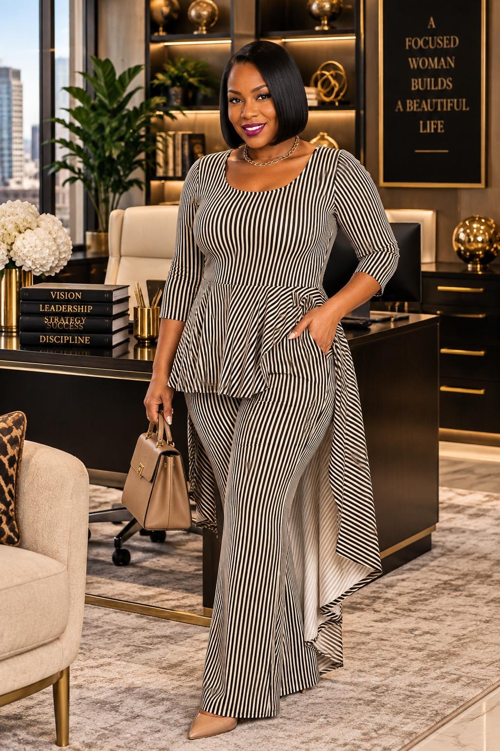 2549 Plus Size Striped Hi- Low Top and Wide Leg Pants Jumpsuits