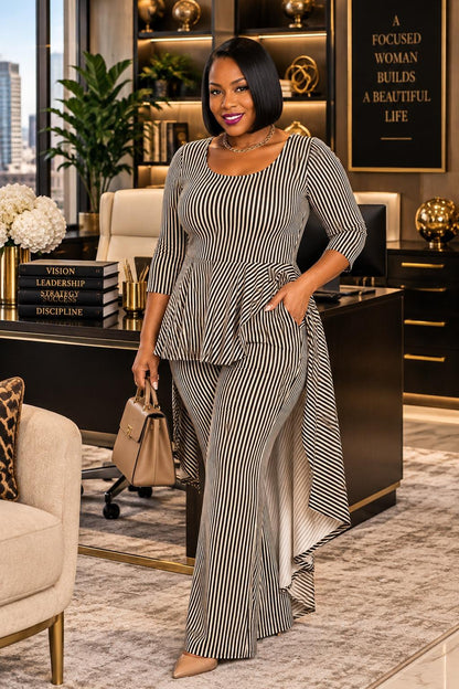 2549 Plus Size Striped Hi- Low Top and Wide Leg Pants Jumpsuits