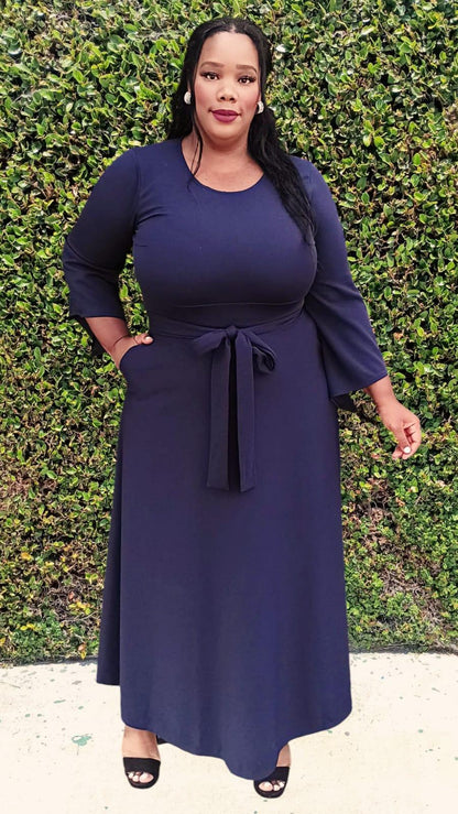 Plus Size Bell Sleeves Sleeves Flare Maxi Flare Dress with Drawstring Belt and Pockets