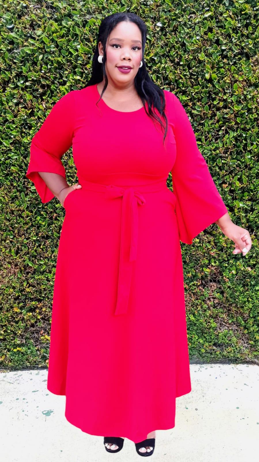 Plus Size Bell Sleeves Sleeves Flare Maxi Flare Dress with Drawstring Belt and Pockets