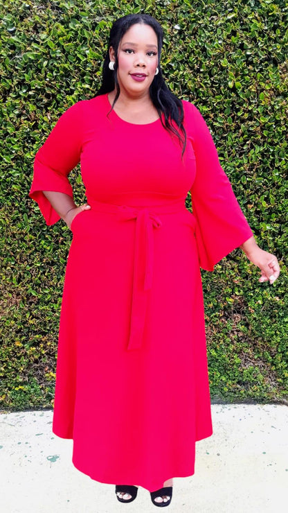 Plus Size Bell Sleeves Sleeves Flare Maxi Flare Dress with Drawstring Belt and Pockets