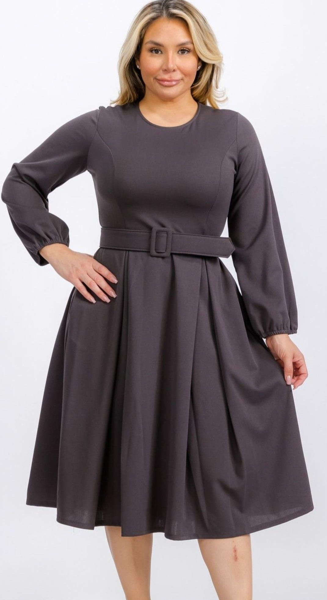 Plus Size Bishop Sleeves Sleeves Midi Dress with Belt