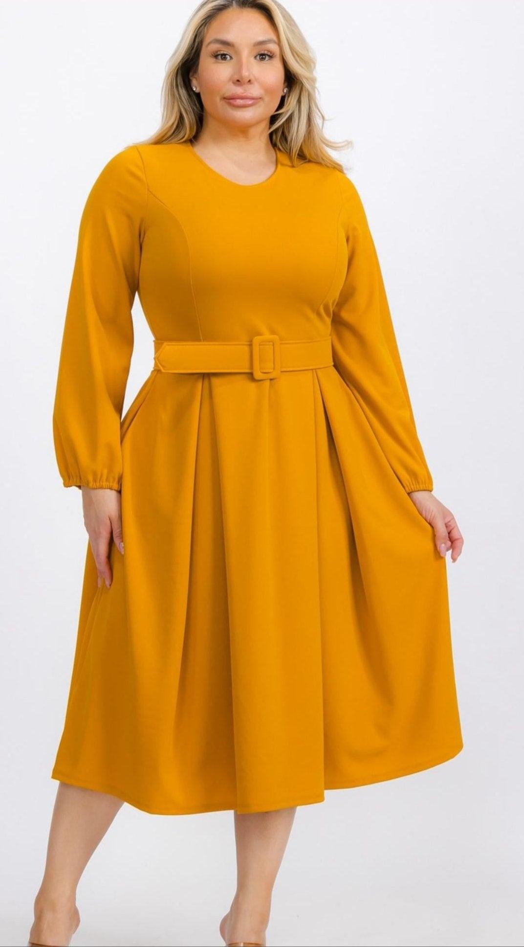 Plus Size Bishop Sleeves Sleeves Midi Dress with Belt