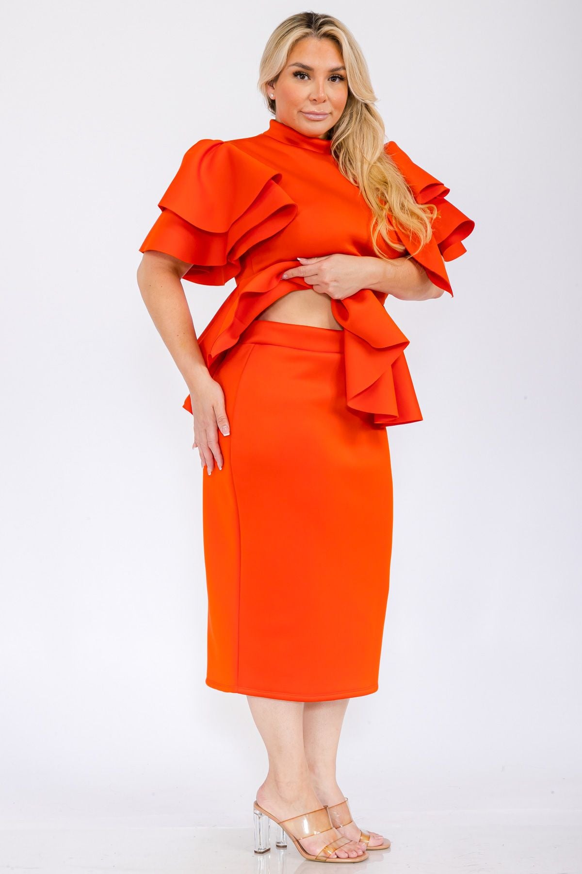 2828 Plus Size Women Bow Shoulder Ruffle Hem Top and Skirt Set