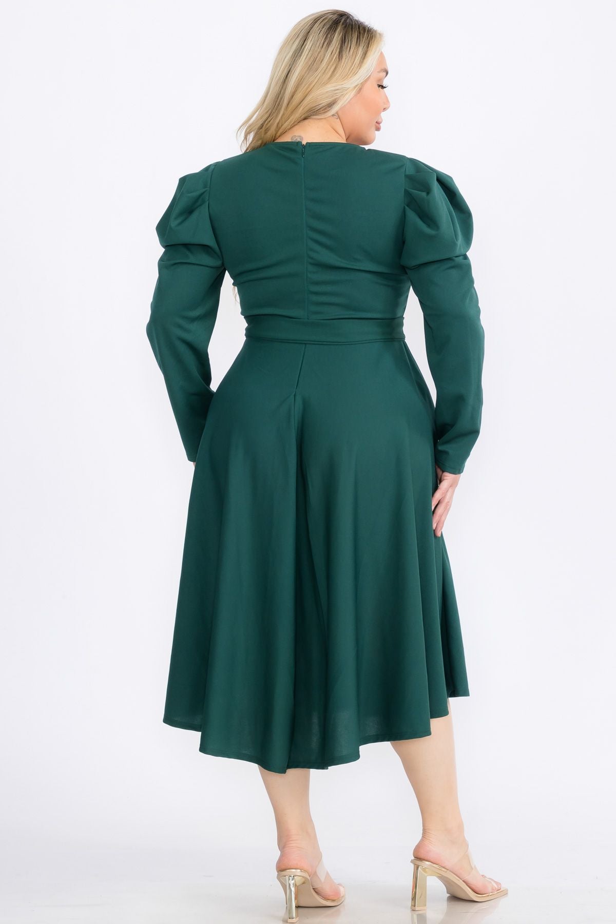 2959SO Smocked Cuff Raglan Sleeves Flare Midi Plated Dresses with Drawstring Waist